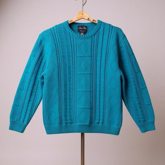 VTG Hunt Club Mens Large Sweater Blue Grandpa Core Cable Knit Pullover Japan 90s - Picture 1 of 11